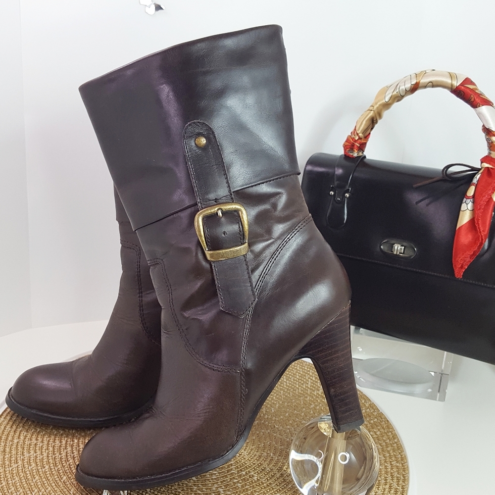 🔖Y2K Two Lips🍂Brown Leather Mid Calf Buckle Block High Heels Boots